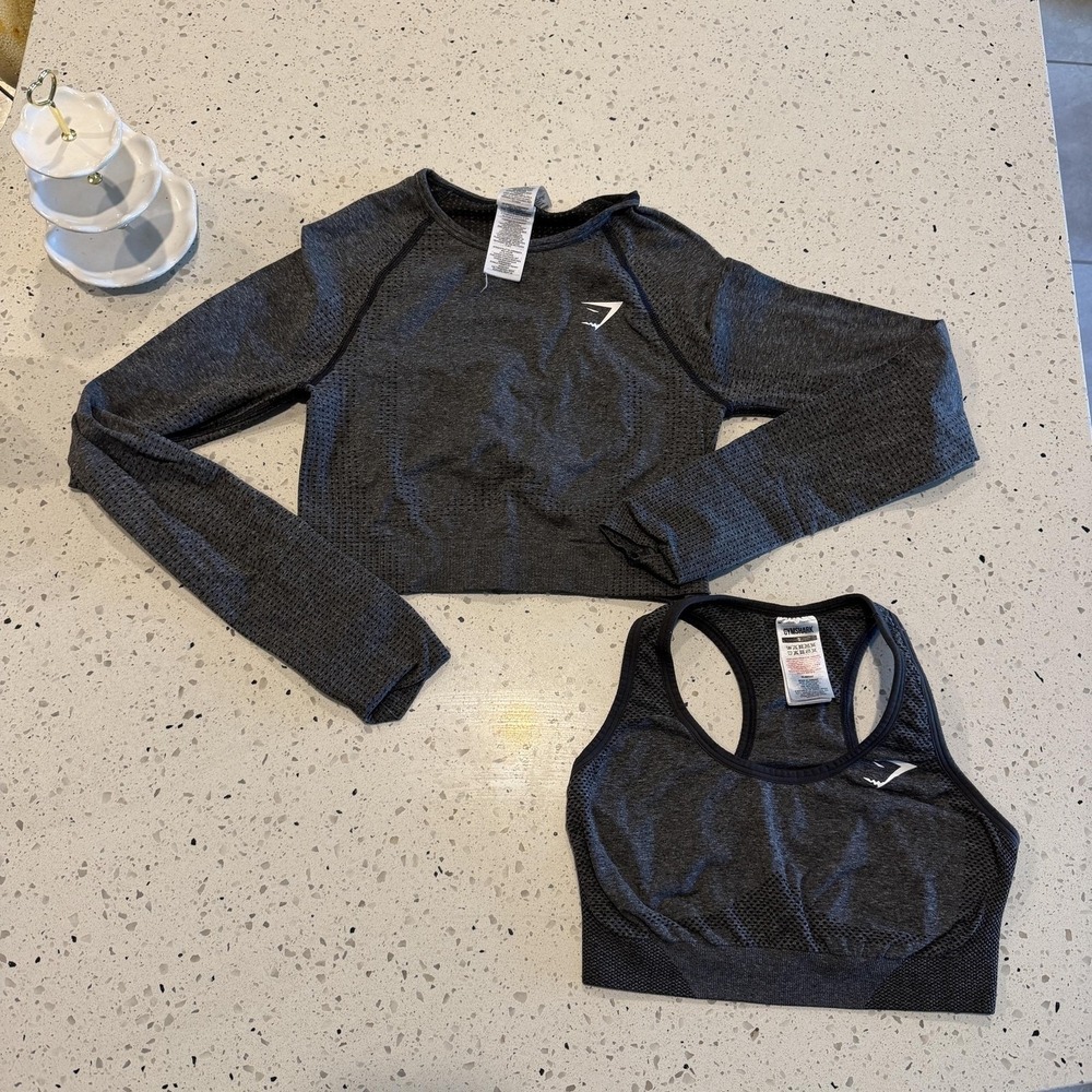 Gymshark Outfit Womens Small Gray Seamless Long Sleeve Crop Top Sports Bra‎ Set